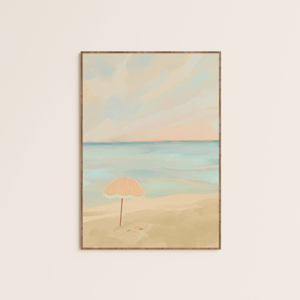 Vintage-style beach art with white sand, gentle waves, and a clear blue sky
