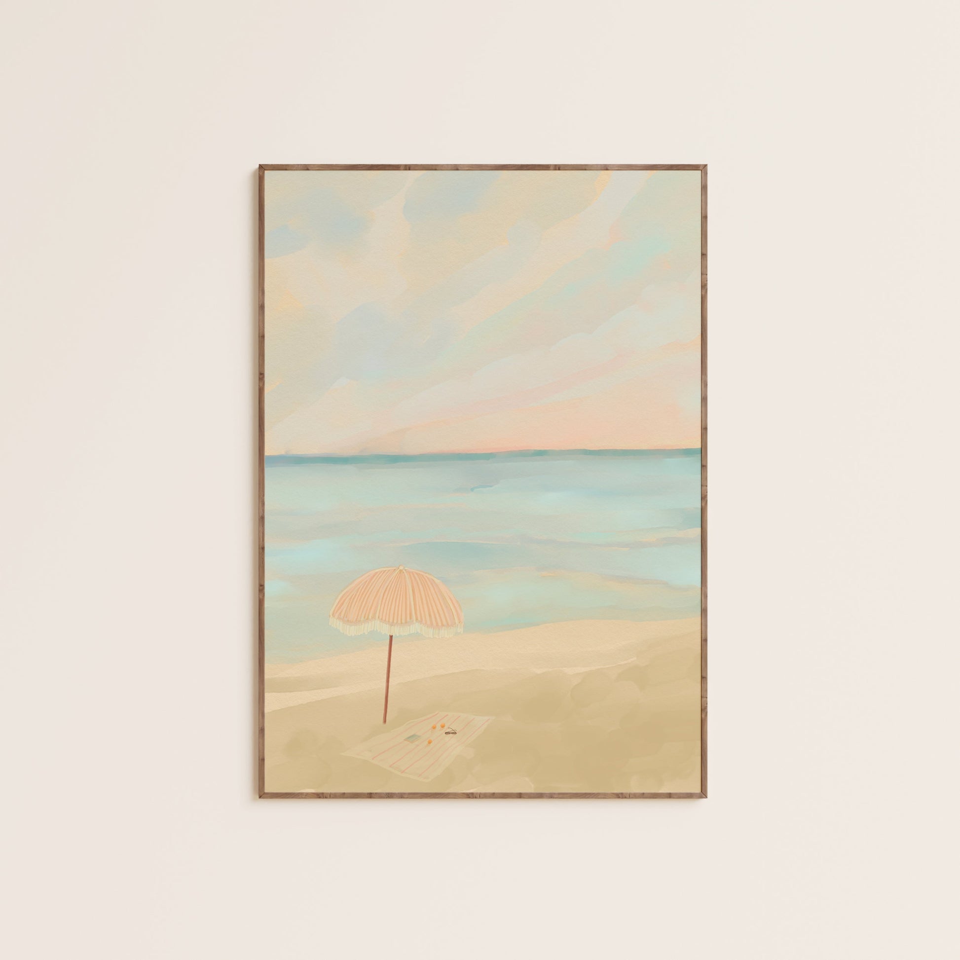 Vintage-style beach art with white sand, gentle waves, and a clear blue sky