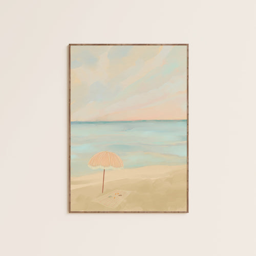 Vintage-style beach art with white sand, gentle waves, and a clear blue sky